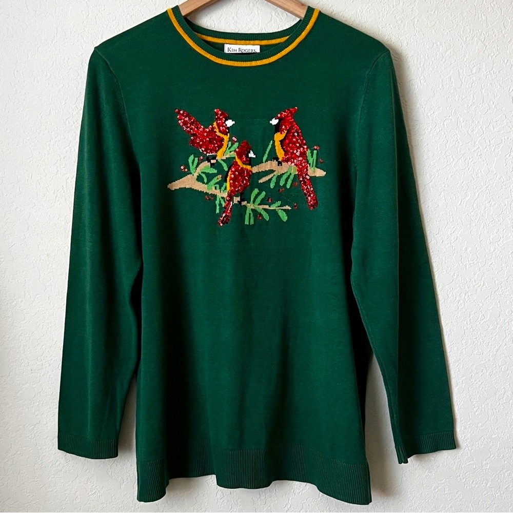 KIM ROGERS Sequined Cardinal Pullover Sweater Crewneck Green Red Christm… - Picture 7 of 7